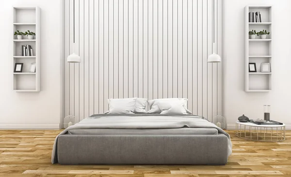 3D işleme modern beyaz ahşap duvar lamba ve raf ile yatak odası — Stok fotoğraf