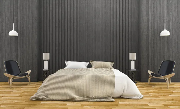 3d rendering modern dark wood wall bedroom with lamp — Stock Photo, Image