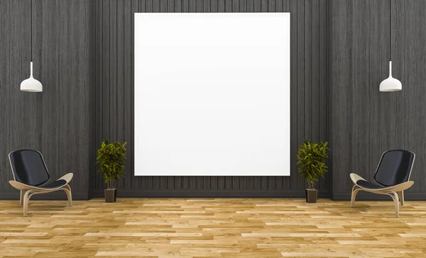 3d renderização quadro enorme na sala de madeira escura com estilo mínimo — Fotografia de Stock