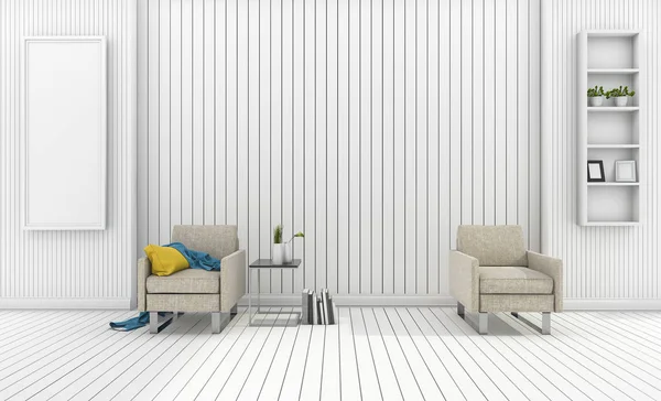 3D rendering színes fotel polc fehér nappali — Stock Fotó