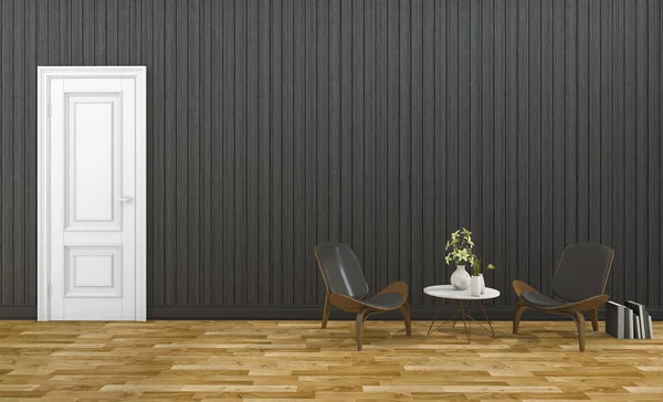 3D-Rendering dunkle Holzwand Wohnzimmer mit zeitgenössischem Sessel — Stockfoto