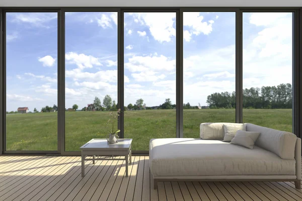 3D renderowania sceny minimalne sofa z szeroki widok zielony — Zdjęcie stockowe
