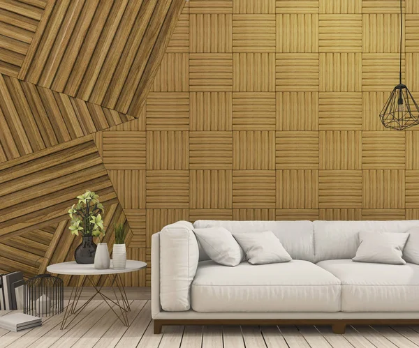 3d renderizado bonito sofá blanco con fondo abstracto de diseño de pared de madera —  Fotos de Stock