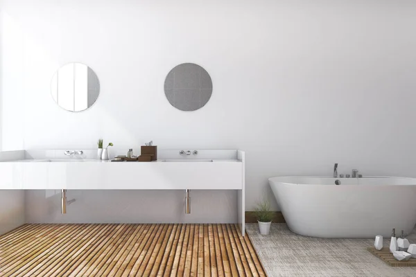 3D rendering witte minimale toilet en badkamer met houten vloer — Stockfoto