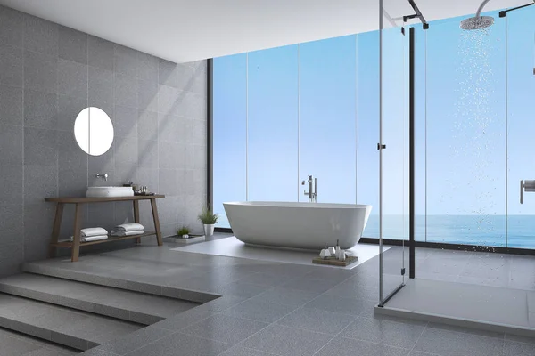 3d renderizado hermosos pasos baño moderno cerca de la vista al mar —  Fotos de Stock