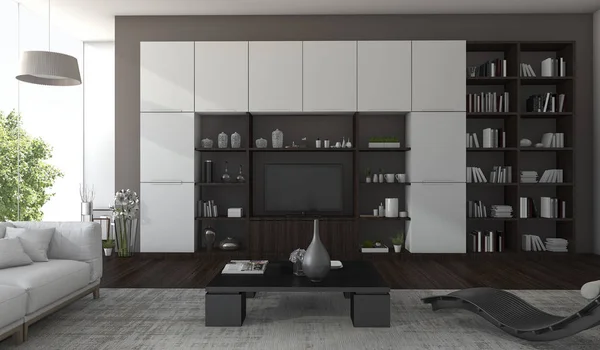 3D Rendering Luxus-Wohnzimmer mit dunklem Holz und Baumblick aus dem Fenster — Stockfoto
