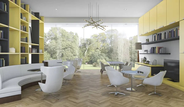 3D rendering gula och svarta moderna bibliotek med utsikt över trädgården — Stockfoto