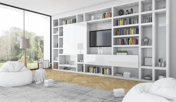 3d renderizado construido en estante blanco con bolsa de frijol en la moderna sala de estar blanca — Foto de Stock