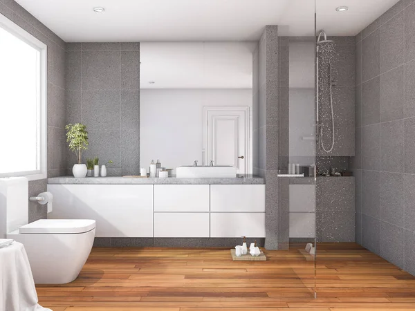 3D rendering tropische en moderne stijl hout badkamer in de buurt van venster — Stockfoto