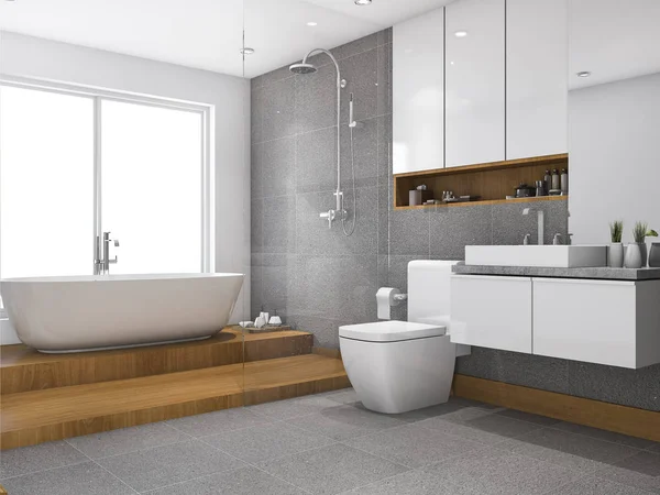 3D render ahşap adım banyo ve tuvalet penceresi yakınındaki