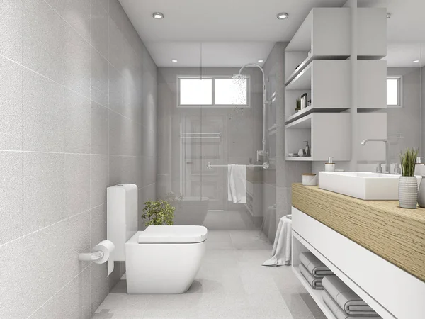 3d rendering bright bathroom with shower — Stockfoto