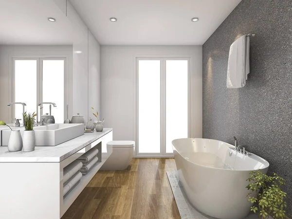 3D rendering hout badkamer en toilet met daglicht vanuit venster — Stockfoto