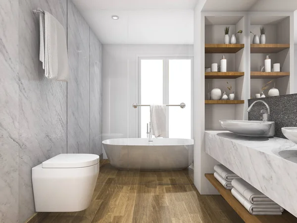 3D rendering hout en marmeren badkamer en wc met gebouwd — Stockfoto