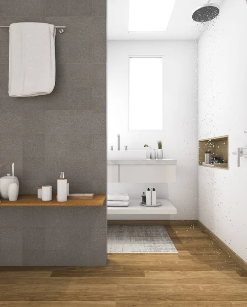 3d 렌더링 최소한의 샤워 영역 나무 욕실에 — 스톡 사진