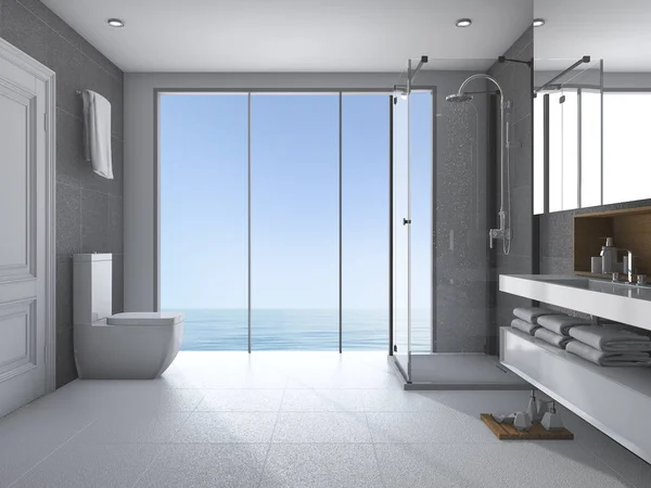 3d rendering bathroom near sea view — Stock Photo, Image