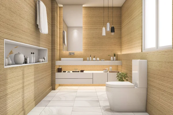 3D rendering rymliga och vackra toalett med vit trä design — Stockfoto