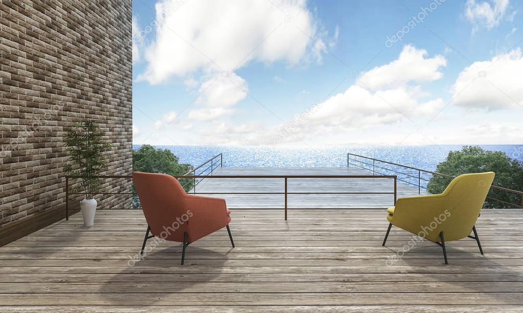 3d rendering 2 beautiful chairs on outdoor terrace with good view