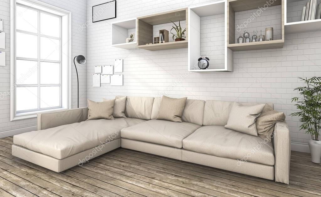 3d rendering nice sofa in small brick living room