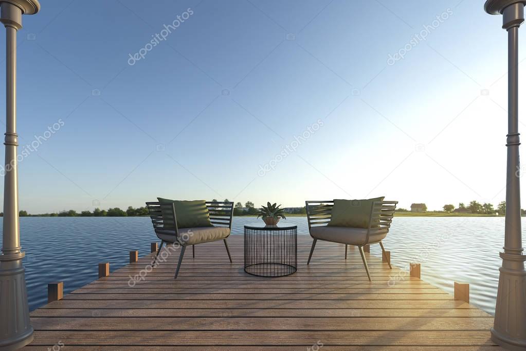 3d rendering beach armchair set on wood terrace near sea