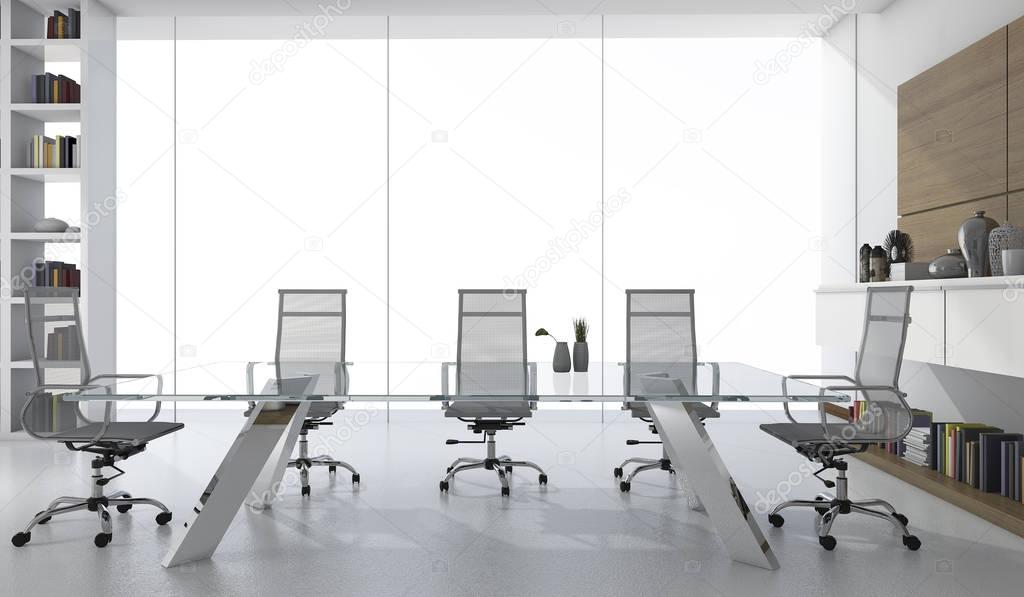 3d rendering white business meeting room with light from window