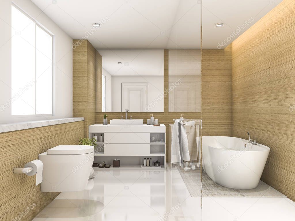 3d rendering beech wood and white minimal bathroom and toilet