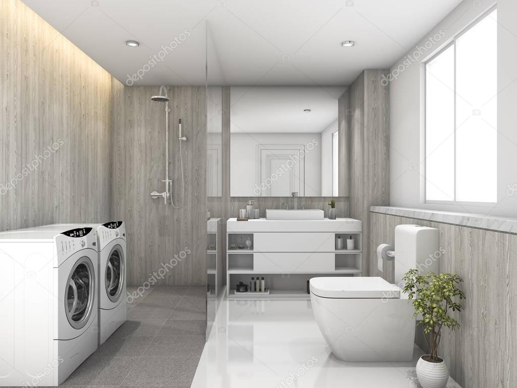 3d rendering white wood and stone tile toilet and laundry room