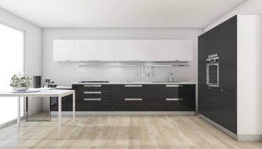 3D işleme modern siyah mutfak pencere yakınındaki