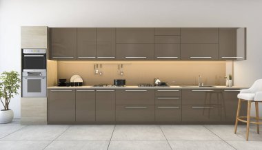 3D Render güzel ahşap mutfak modern dekor ile