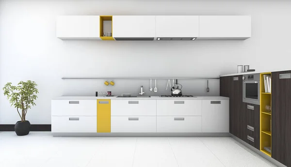 3d representación mínima y moderna cocina amarilla con horno en habitación blanca — Foto de Stock