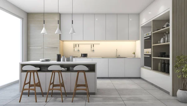 3D renderowania biały nowoczesny design kuchnia z lampą — Zdjęcie stockowe