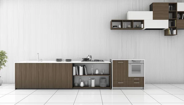 3D рендеринг темного дерева счетчик кухня в белой комнате — стоковое фото