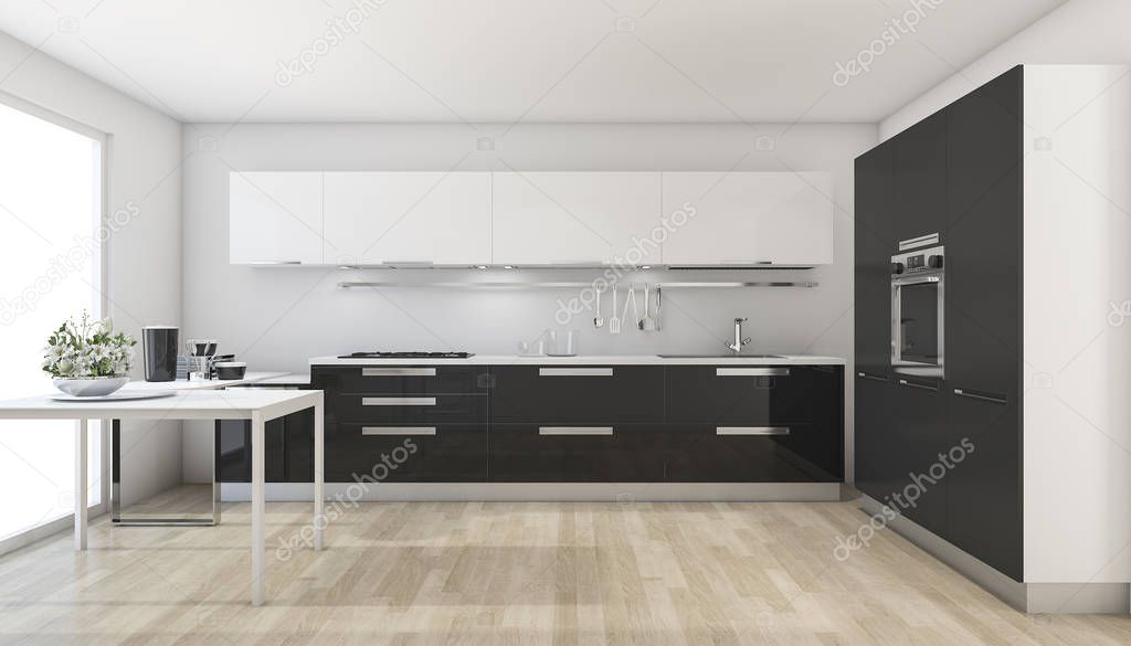 3d rendering modern black kitchen near the window
