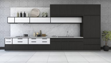 çatı tasarımı 3D render minimal ve retro mutfak