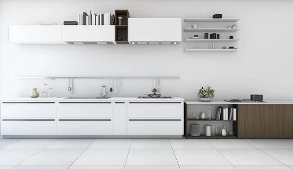 3d renderização cozinha mínima branca com prateleira de madeira — Fotografia de Stock