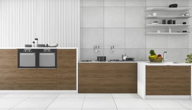 3D rendering çağdaş Ahşap mutfak ve yemek odası