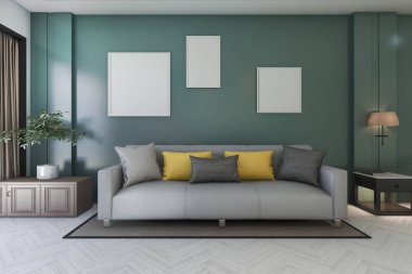 3D render vintage yeşil oturma odası kanepe ve bitki ve resim çerçeve