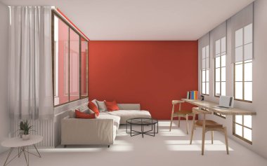 gün ışığı alan penceresinden 3D Render kırmızı modern oturma odası