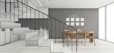 3D render çatı oda mutfak iyi tasarım beyaz merdiven ile yakın