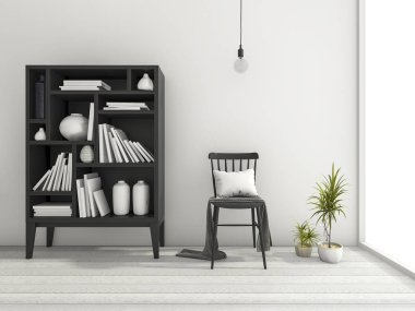 3D render vintage en az ve oturma odası raf dekor güzel tasarım sandalyeyi pencerenin yanına