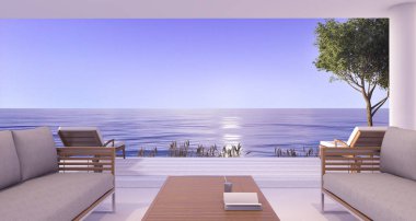 3D render iç villa alacakaranlık Sahne romantik sesi ile deniz kenarında