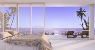 3D render lüks villa yatak odası penceresinden güzel bir akşam sahne ile plaj ve palmiye ağacı yakınındaki
