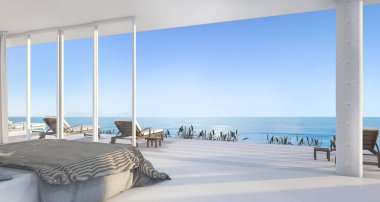 3D render lüks villa yatak odası penceresinden güzel sahne ile beach yakınındaki