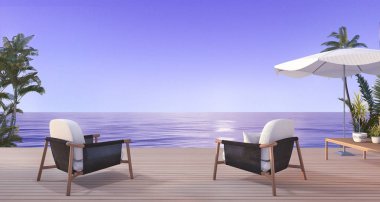 3D akşam Hawaii güzel gökyüzü görünümü ve palmiye ağacı beach yakınındaki terasında güzel koltuk oluşturma