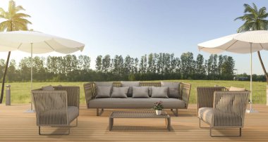 3D render vintage beach kanepede yeşil alan forest yakınındaki ahşap Teras