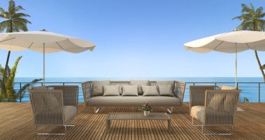 3D render vintage beach kanepede ahşap Teras yaz aylarında Hawaii'de deniz kenarında