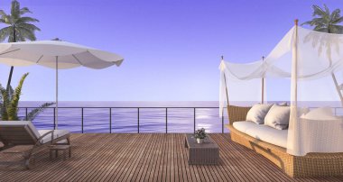 3D işleme vintage rattan koltuk alacakaranlık sahnesinde deniz kenarında ahşap Teras