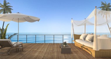 3D render vintage rattan koltuk ahşap Teras yaz aylarında deniz kenarında