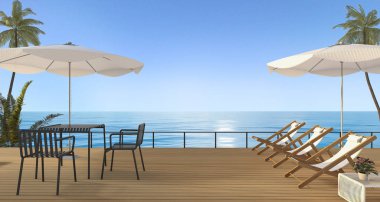 3d Render güzel plaj mobilya tezgah ile deniz kenarında ahşap terasta akşam ayarla