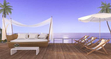 3D Render güzel plaj rattan koltuk beach Oda terasta akşam sahne ile deniz kenarında