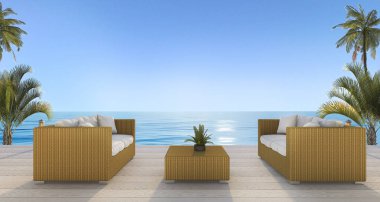 3D Render güzel rattan koltuk iyi bir atmosfer ile beach yakınındaki güvertede